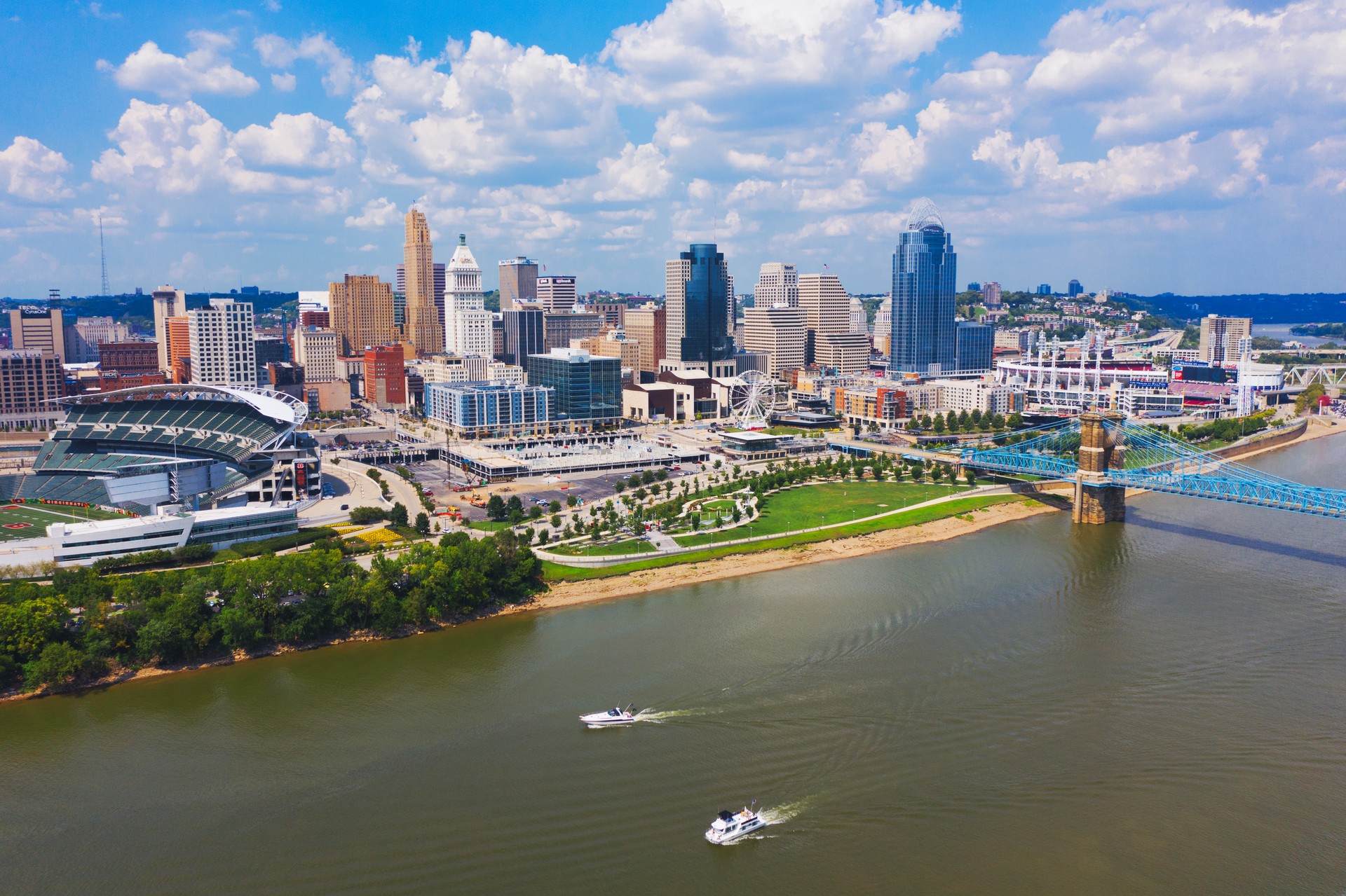 Cincinnati skyline aerial view with Ohio river